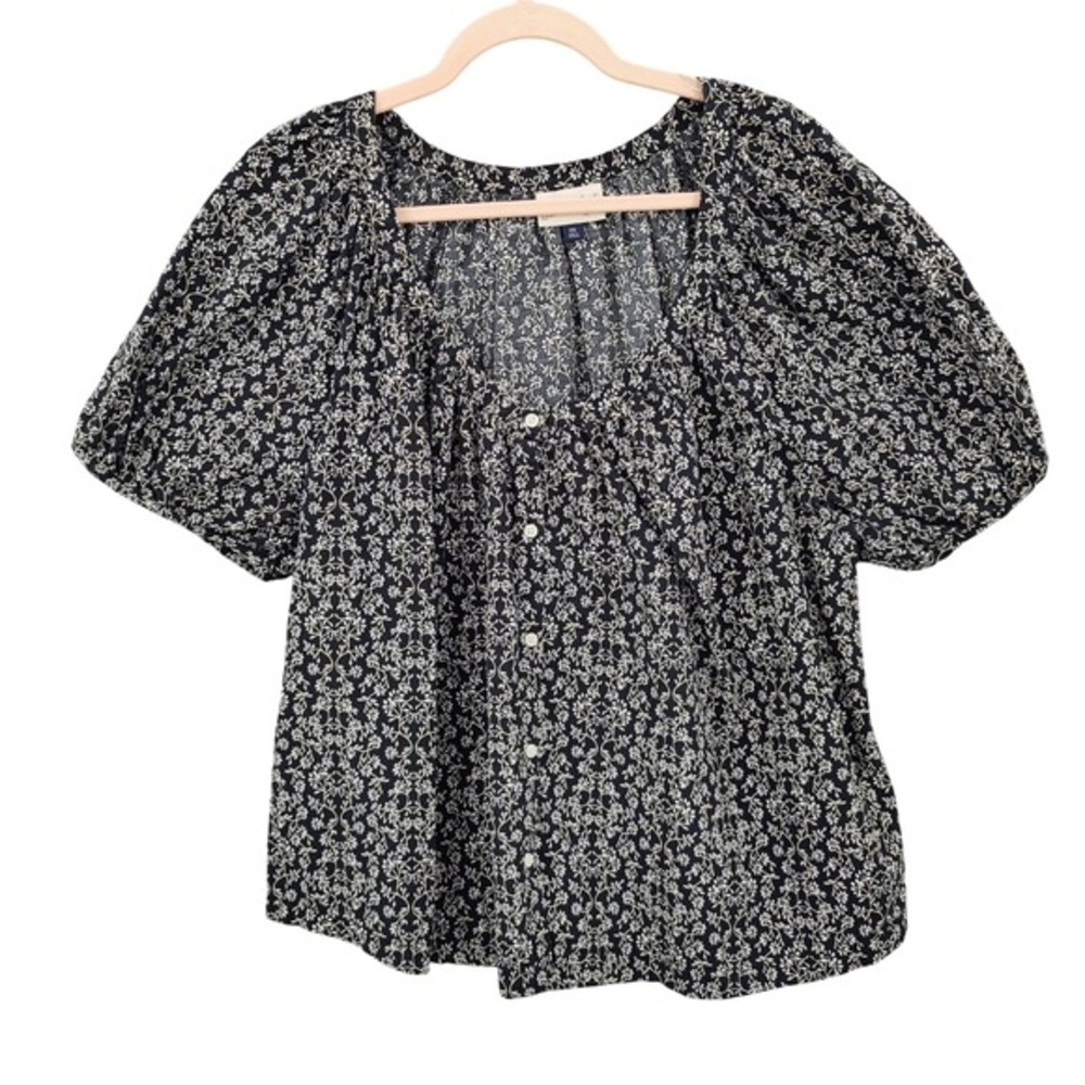 Universal Thread Women Cottage Peasant Puff Sleeve Blouse XXL Top Black Floral